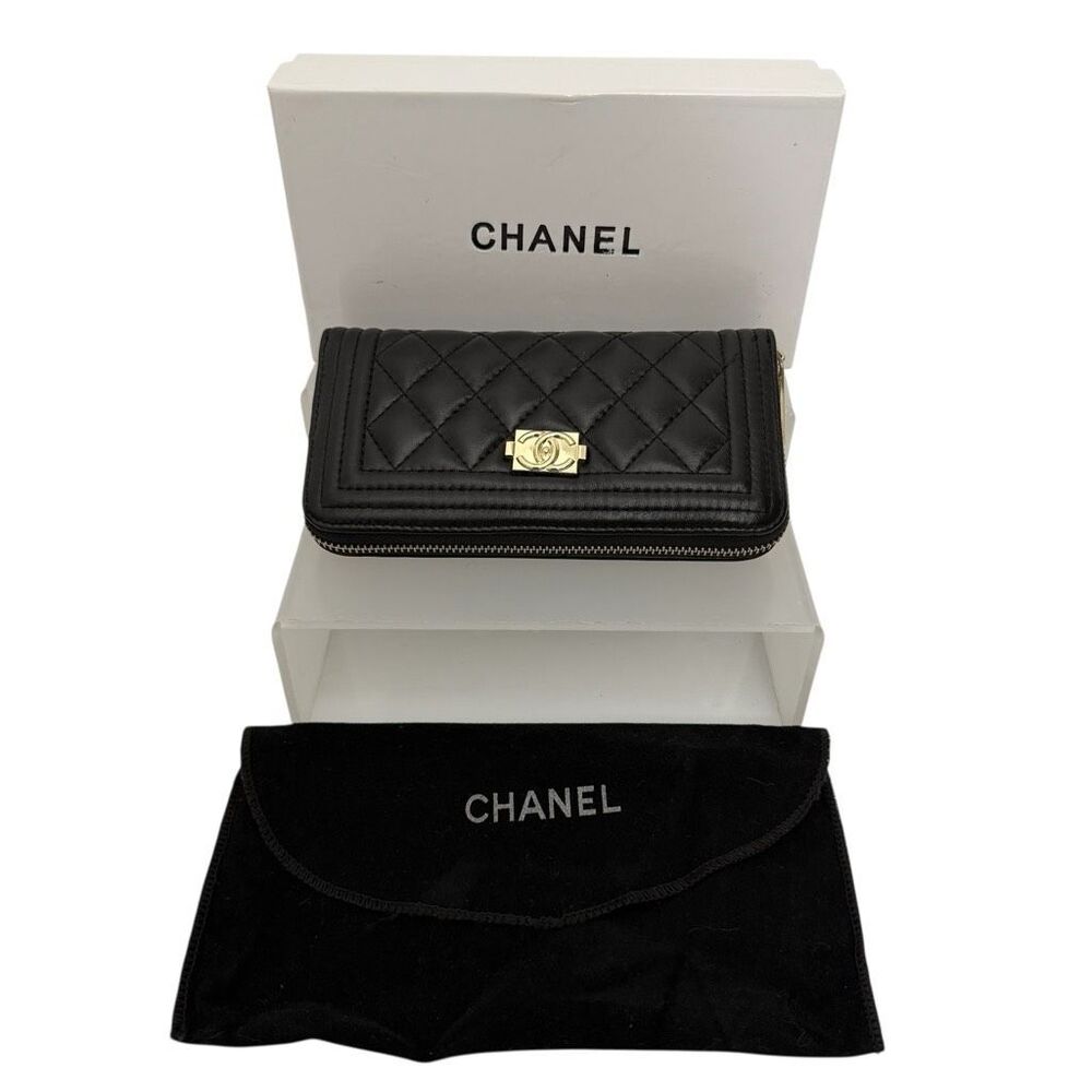Chanel Women's Black Zip Around Quilted Lambskin Leather Wallet